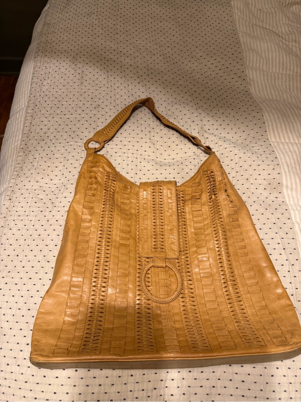 Woven Leather Hobo Bag in Camel